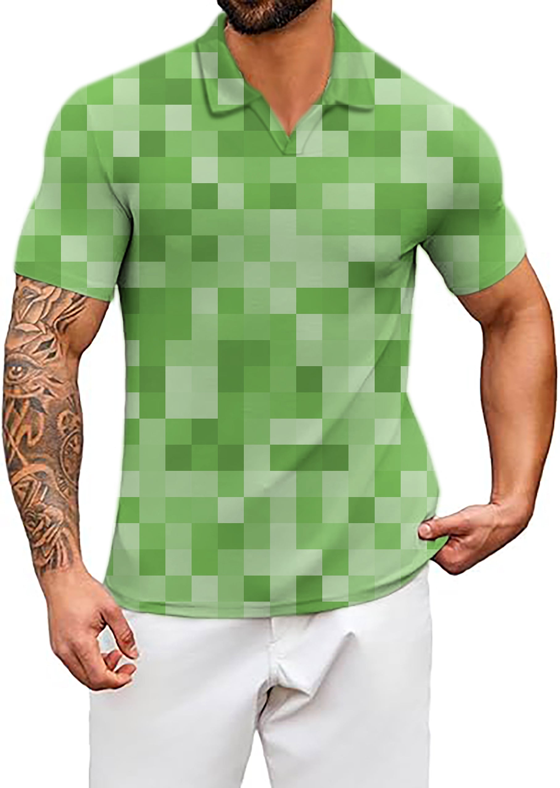 Men's Light Green Pixel Big V Neck Golf Polo Shirts