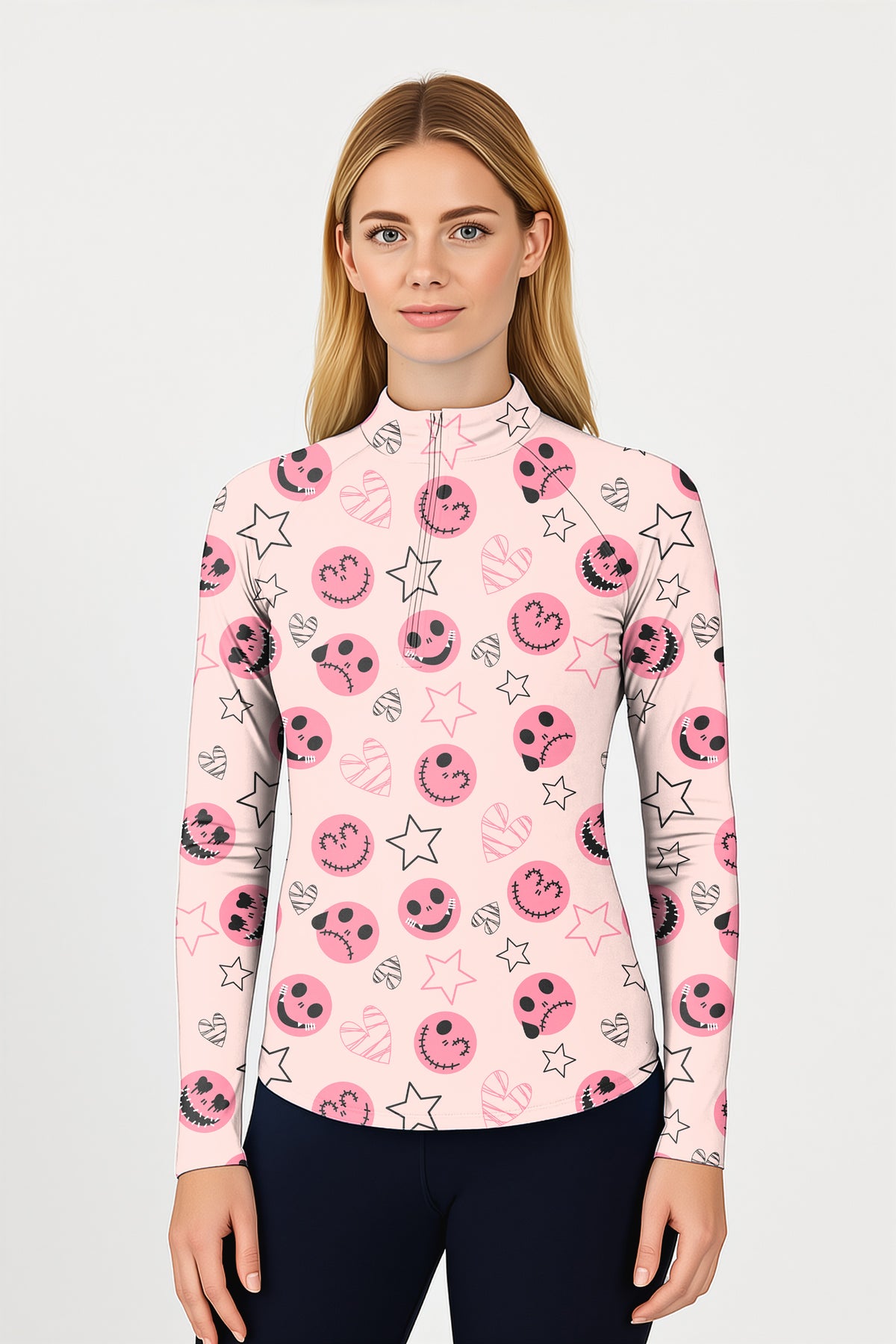 Halloween pink smiley face Women's Golf Active 3/4 Zipper Top Long Sleeves