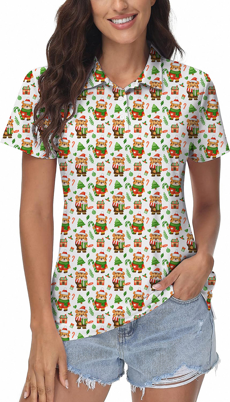 Christmas tiger women's golf polo with festive print, four-way stretch, moisture-wicking fabric, and UPF 40+ protection