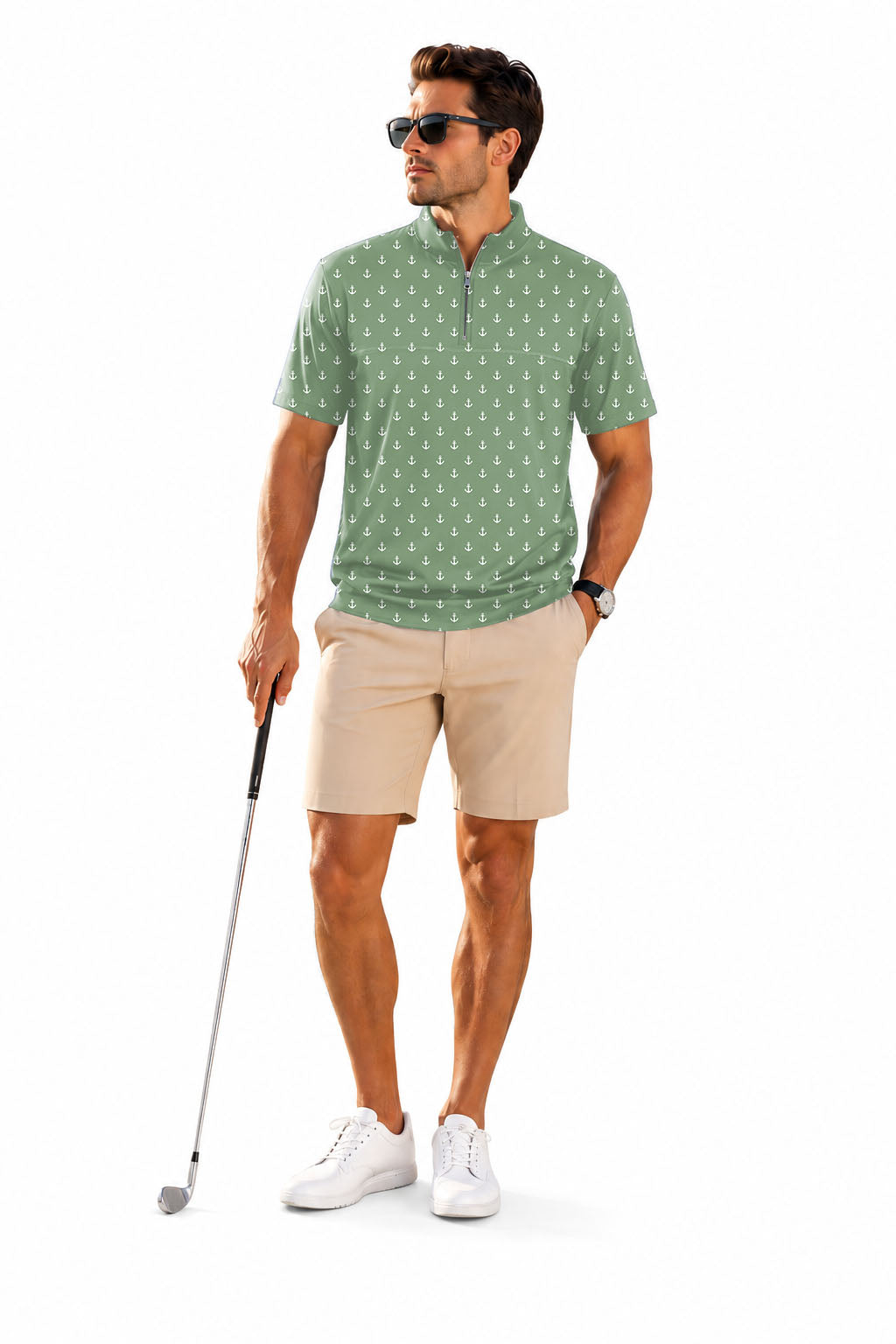Men's Short Sleeve Quarter Zip Golf Pullover   Grass Green Anchor Embroidery