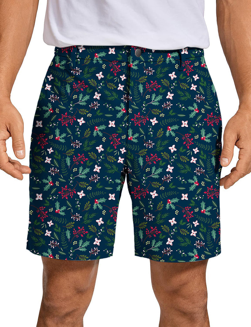 Men's Christmas holly golf shorts with festive holly and berry pattern in breathable, quick-dry fabric