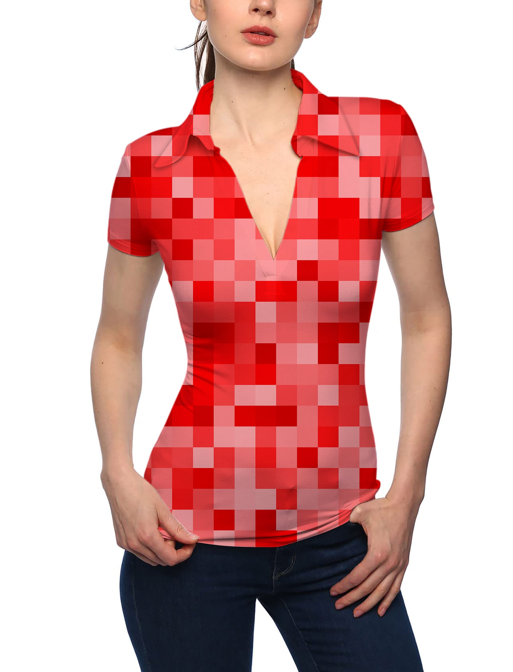 Women's Red Pixel Big V Neck Golf Polo