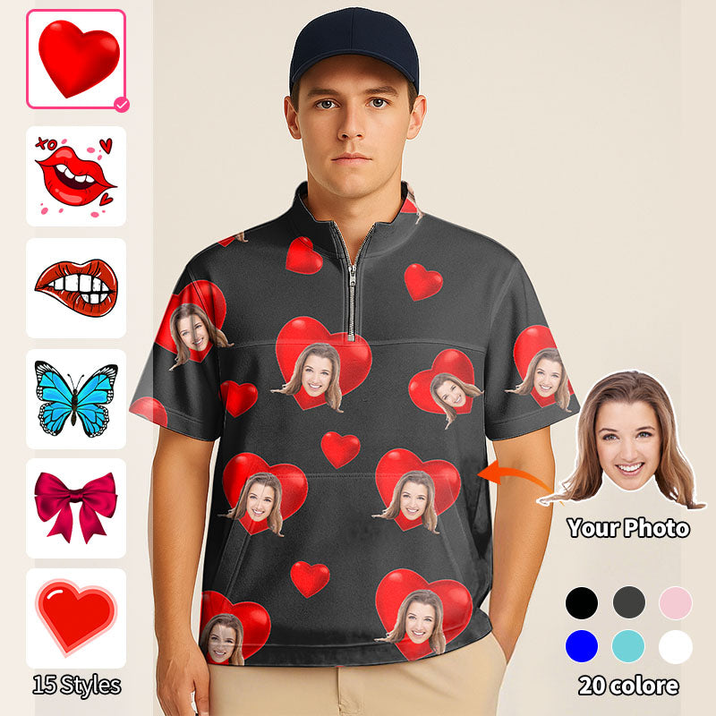 Valentine's Day Half Zipper Turtleneck Golf Short Shirt Custom Photo Face Custom Color Black Love Embroidery