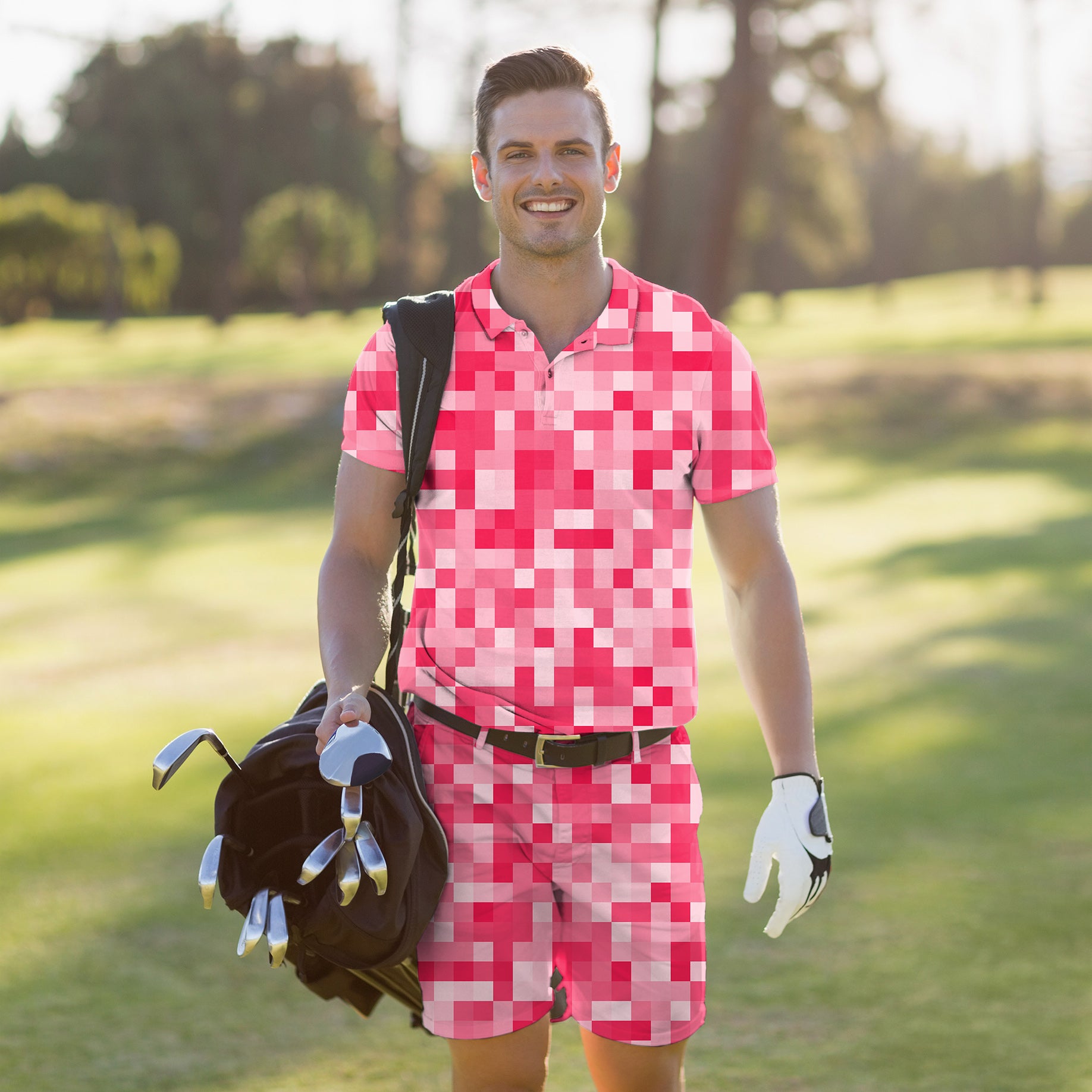 Men's Golf Set Polo+Shorts Light Red Pixel Big