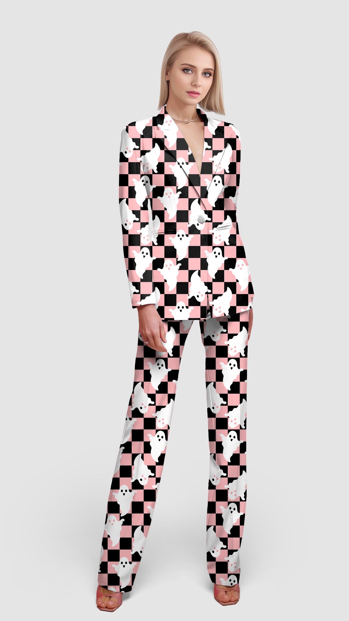 Halloween Black and White Checkerboard Ghost Women's Blazer Casual Work Office Blazer Suit set