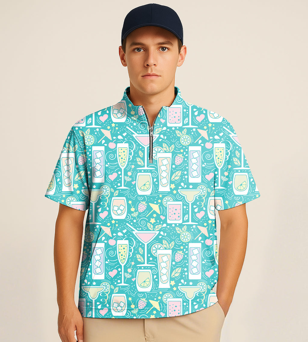 Half Zipper Turtleneck Golf Short Shirt Cocktails-Hello-Summer Embroidery
