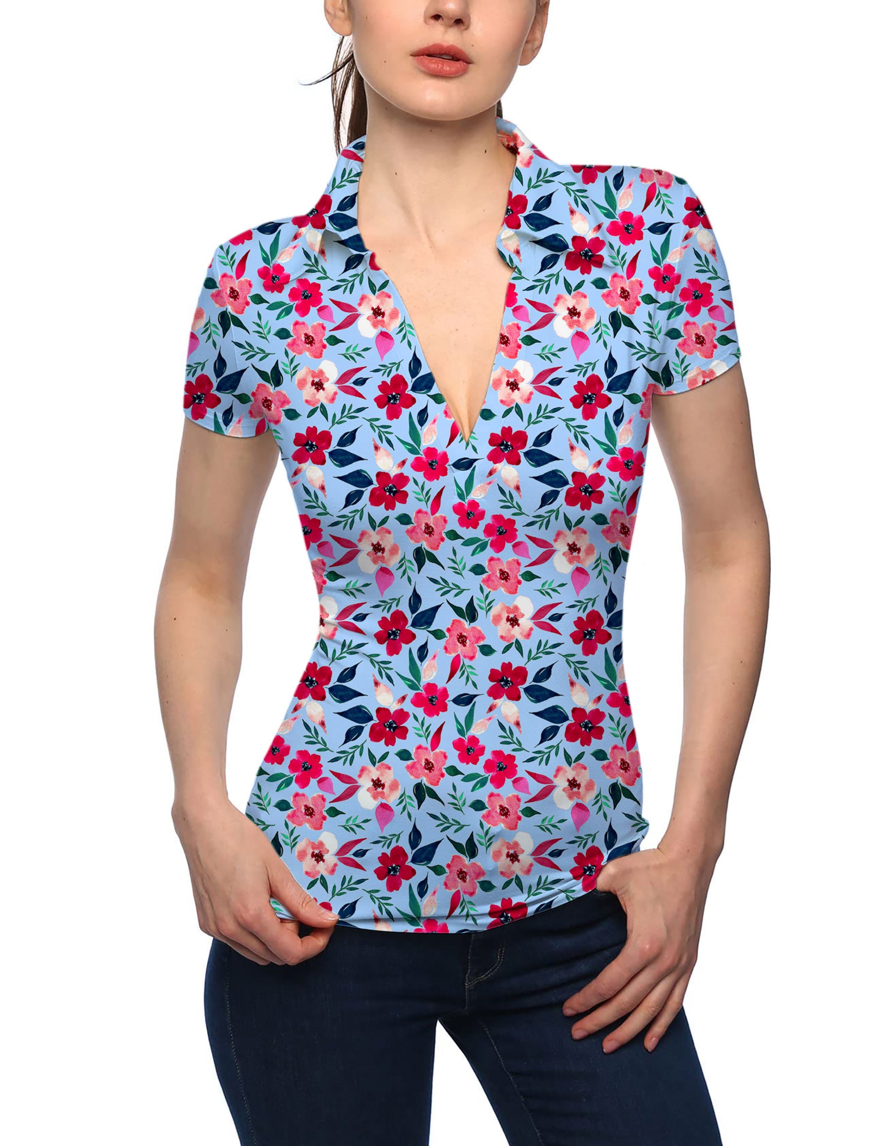 Women's Tropical flowers V Neck Golf Polo