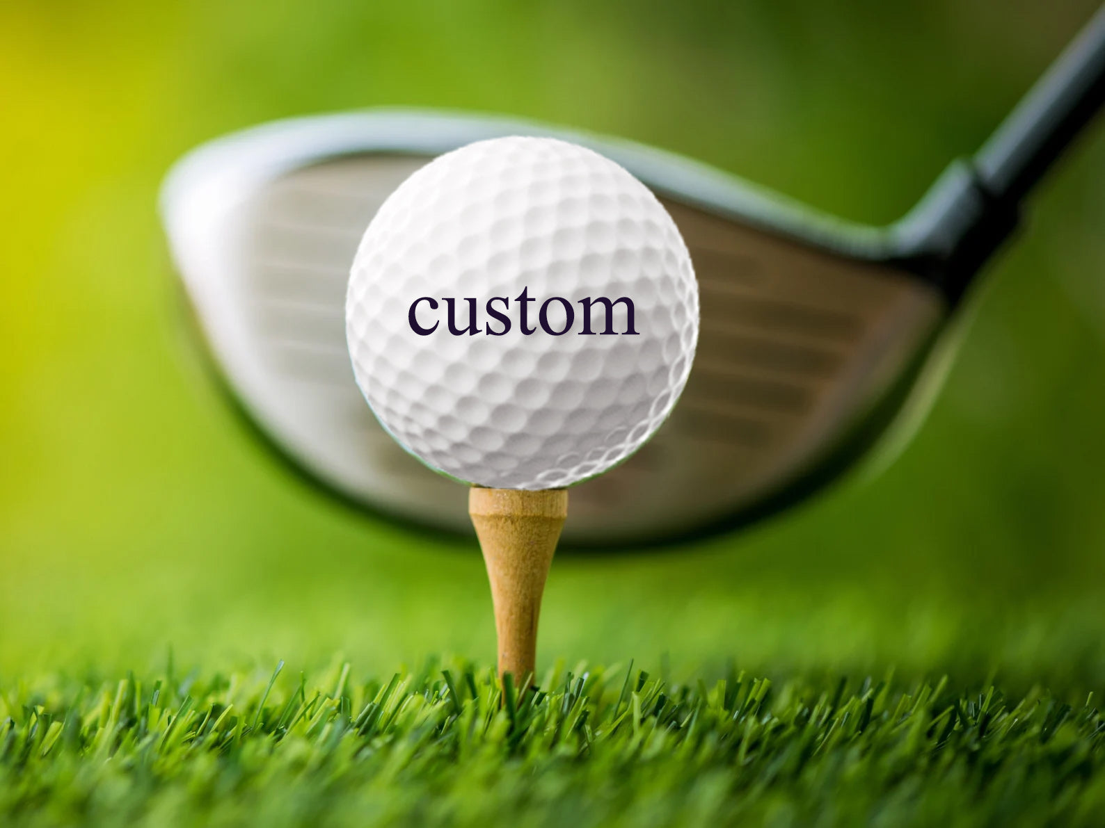Custom photo golf ball with personalized text on tee and golf club background