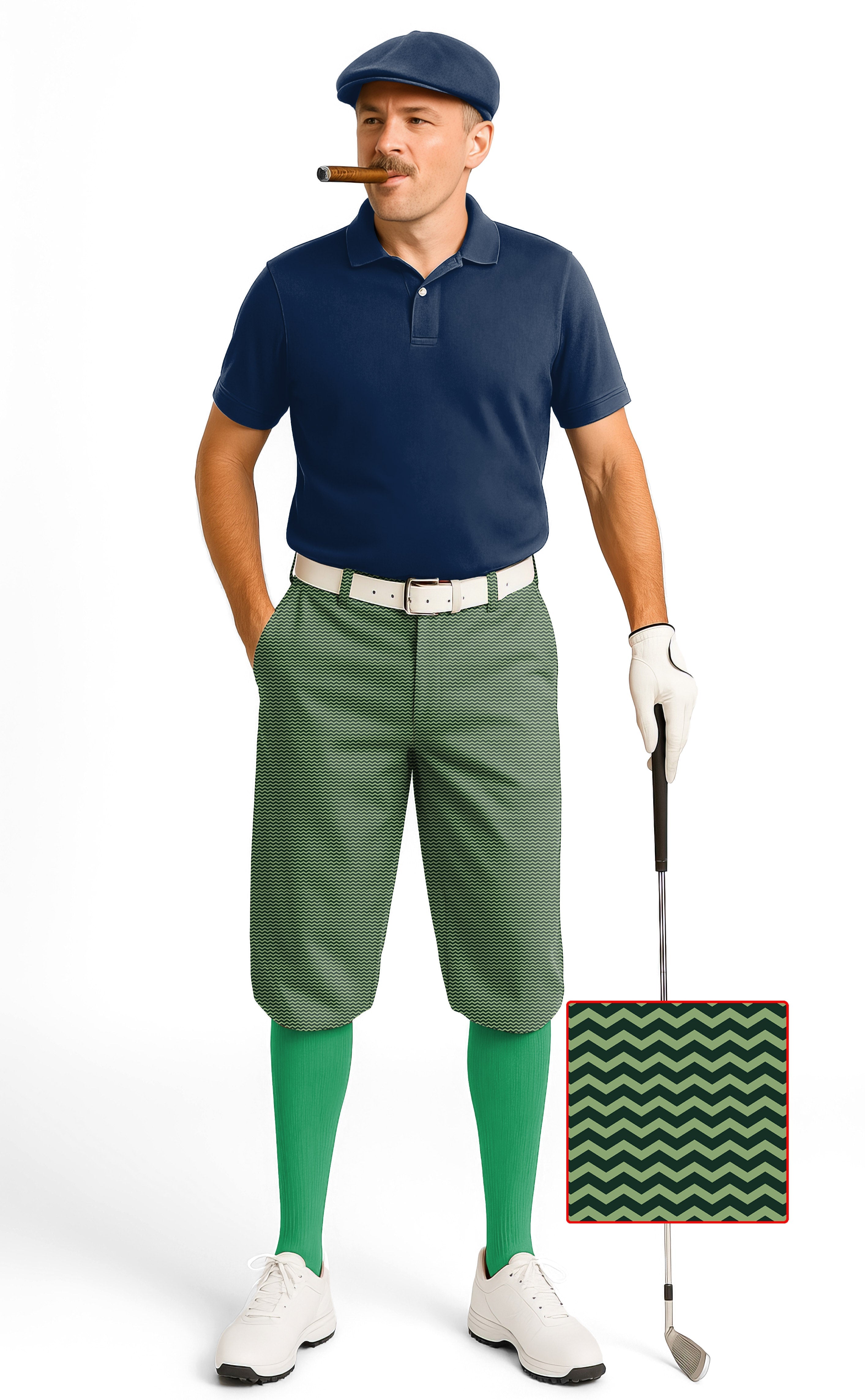 Man wearing Green Waves Men's Golf Knickers with snug ankle cuffs, breathable fabric, and adjustable Velcro design playing golf