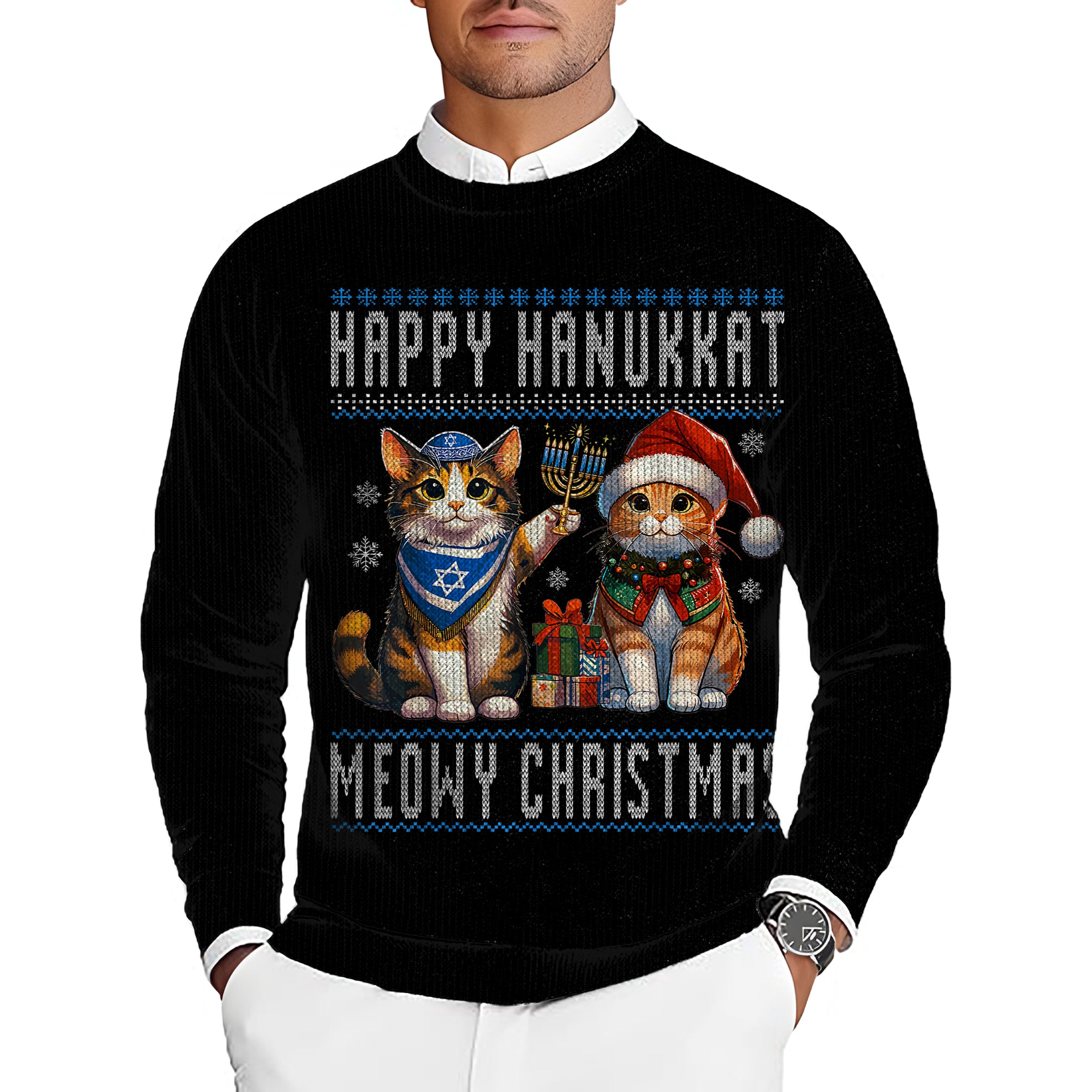 Merry Christmas cat Men's Golf Crewneck Pullover Sweaters Ugly Sweater
