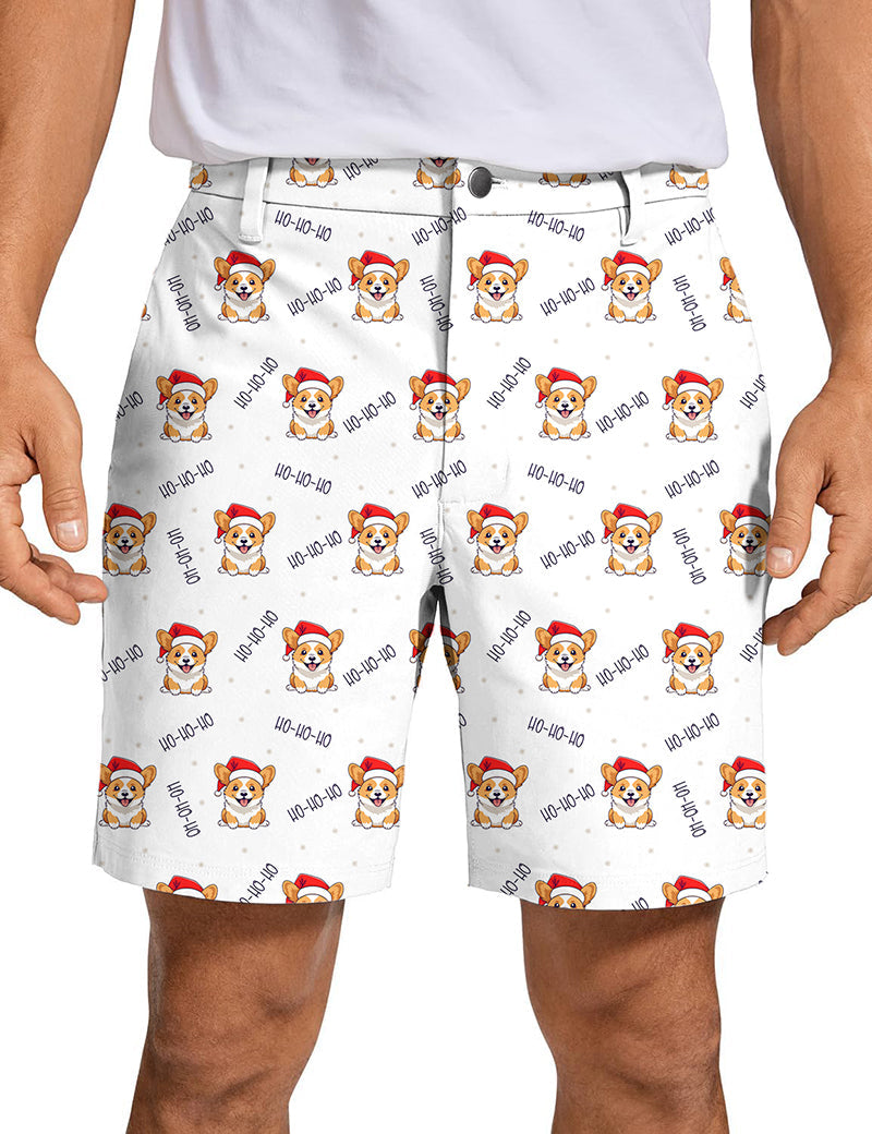 Men's Christmas Corgi Golf Shorts with festive dog pattern, quick-dry, breathable, lightweight, and wrinkle-free design