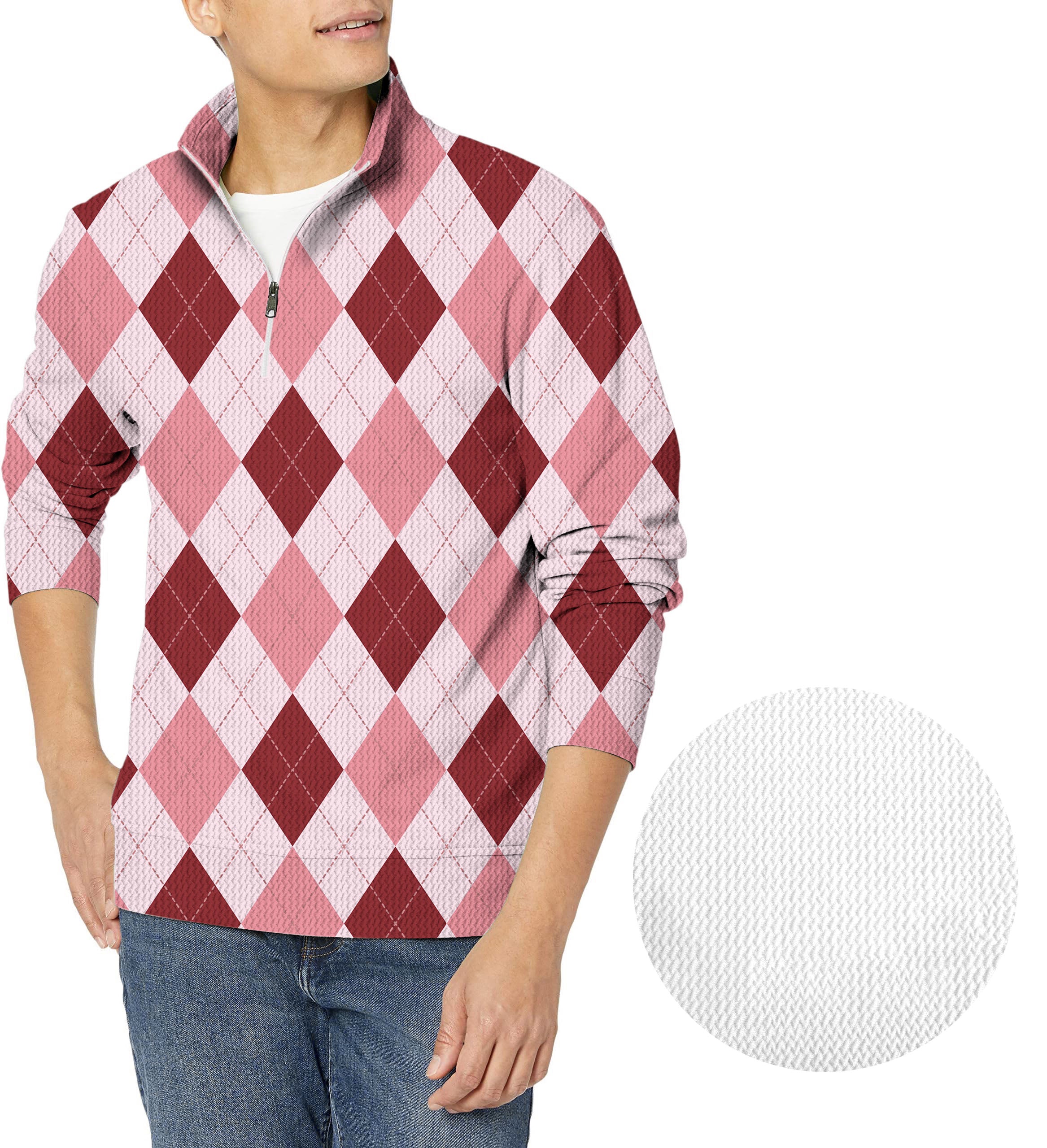 pink Argyle-Men's Golf Waffle Zipper Pullover