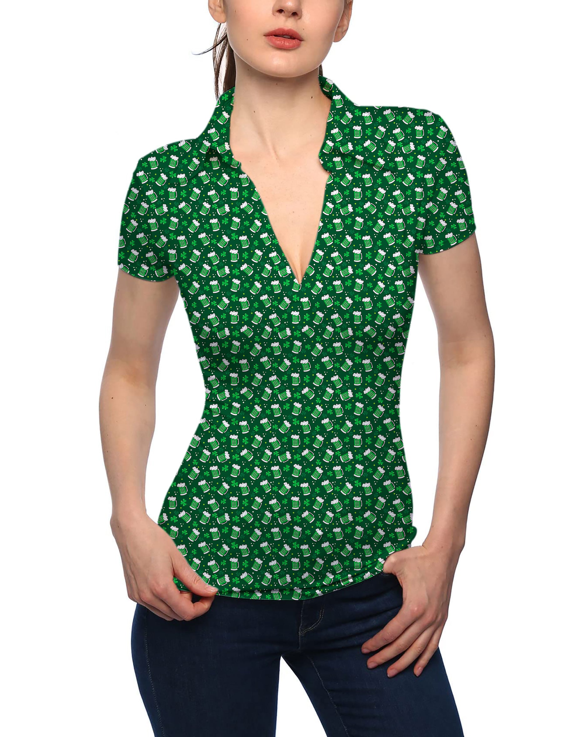 Women's Green beer clover leaf St. Patrick's Day V Neck Golf Polo