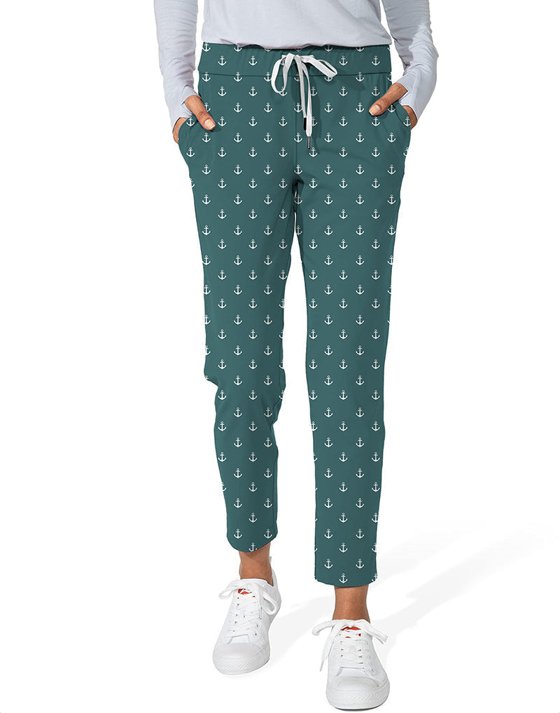 Lime Anchor Women's 7/8 stretch ankle golf pants with anchor print, elastic waistband, and deep side pockets.