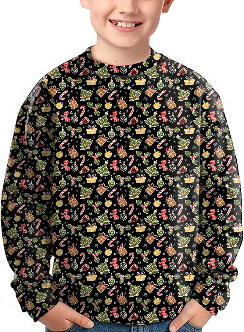Kids Merry Christmas gift crewneck pullover with festive holiday pattern