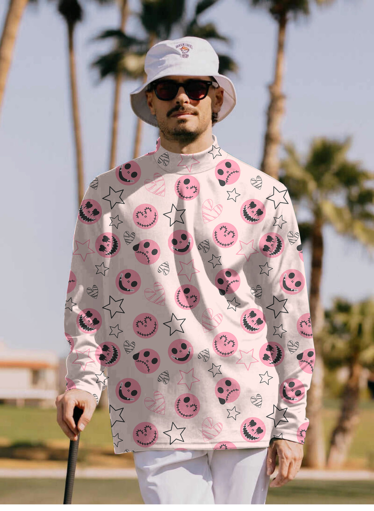 Men's Halloween pink smiley face Mock Neck Long/Short Sleeve Golf Tops
