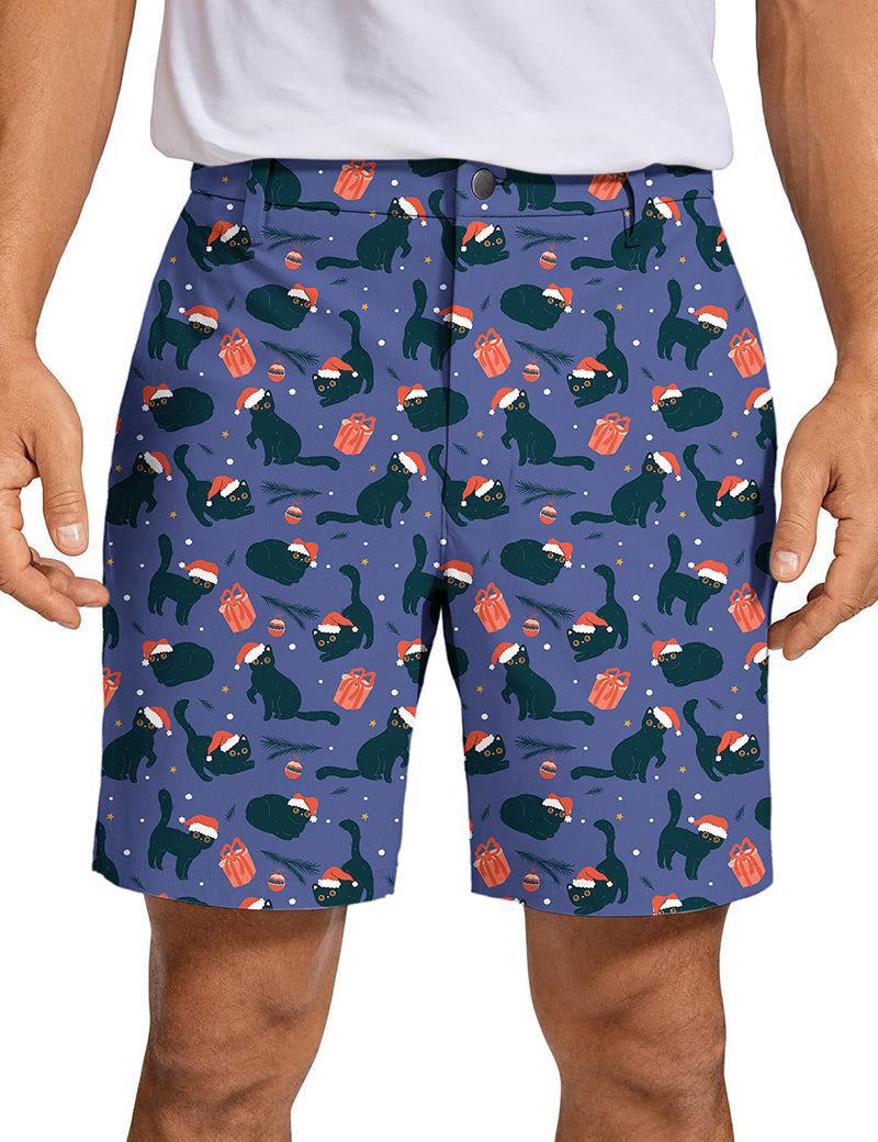 Men's Christmas black cat golf shorts with festive print, quick-dry and stretch fabric