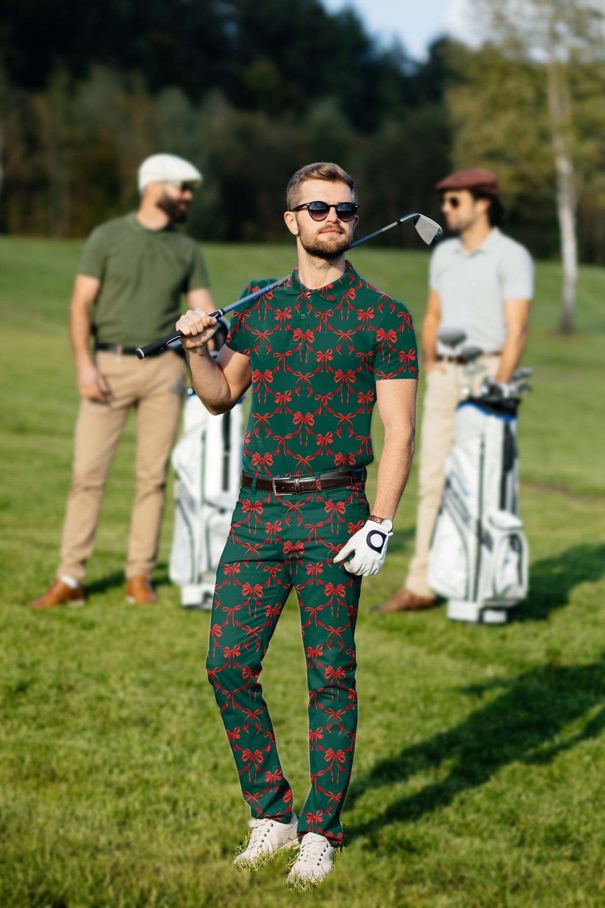 Men's Golf Set Polo+Pants Christmas red knot detail