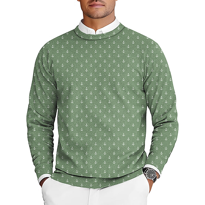 Grass green anchor patterned men's golf crewneck pullover sweater