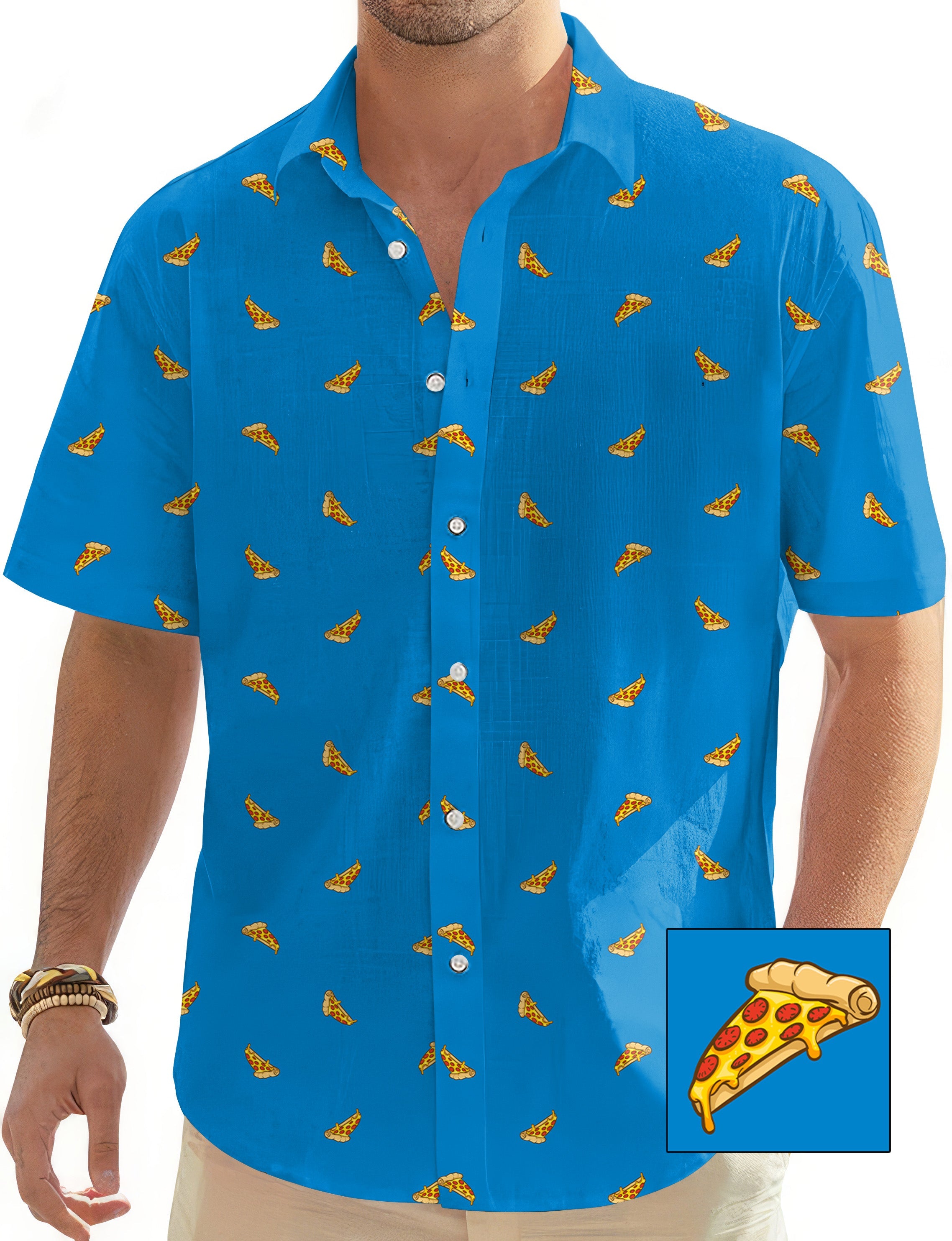 Men's blue button-down shirt with white pizza custom pattern, short sleeve Hawaiian style golf shirt