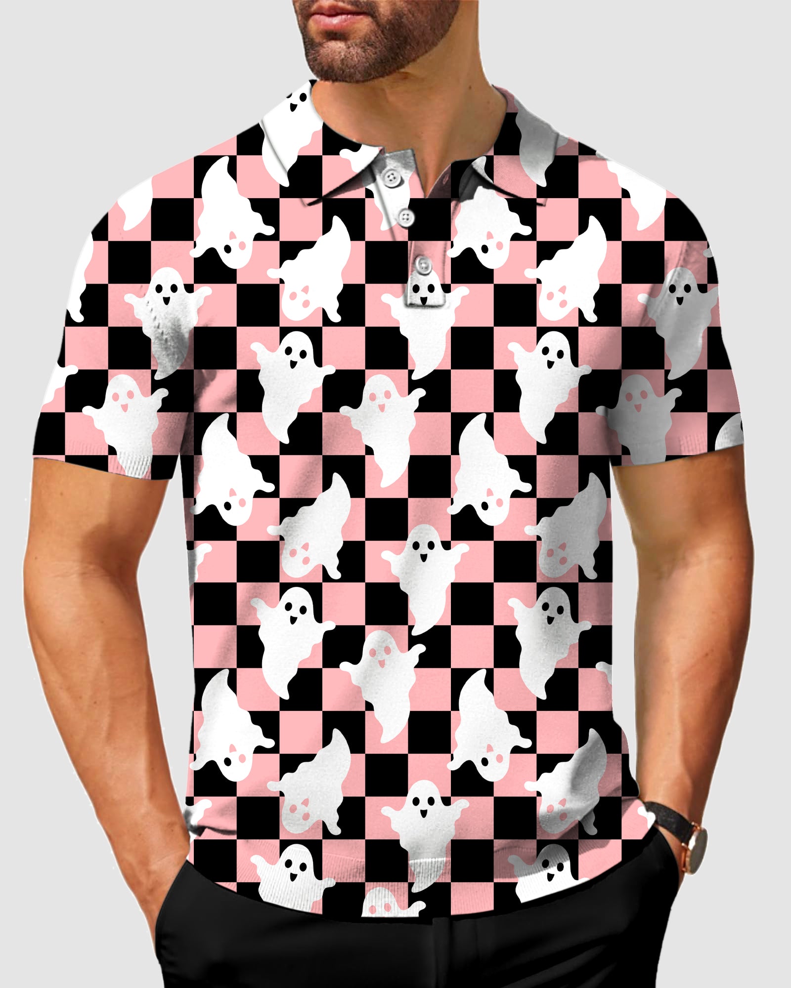 Men's Halloween Black and White Checkerboard Ghost Polo