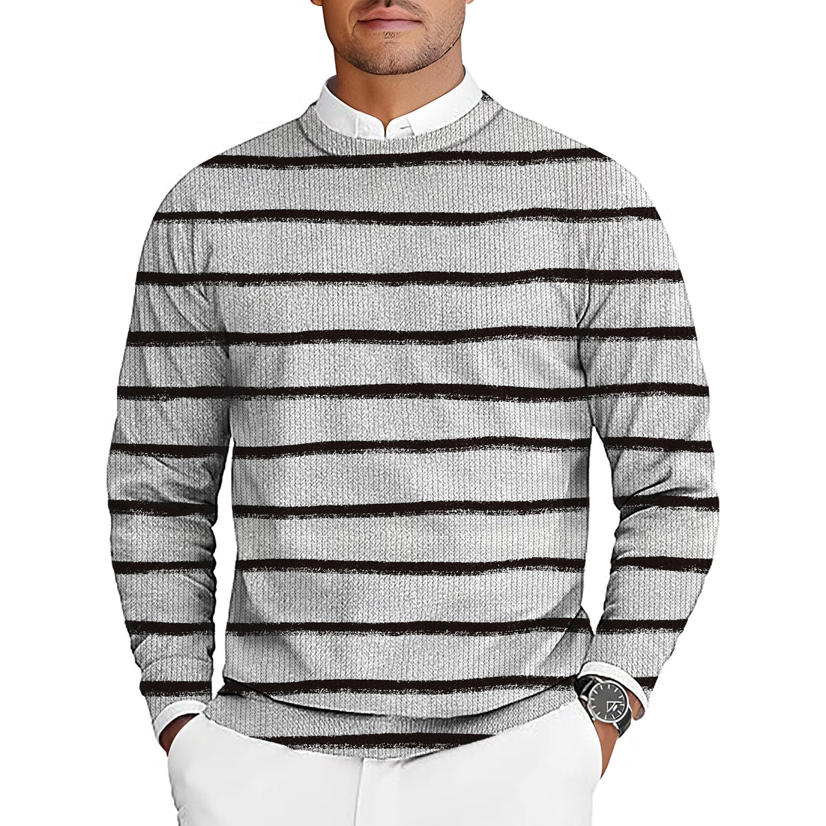 Black and white crayon-style stripes Men's Golf Crewneck Pullover Sweaters Ugly Sweater
