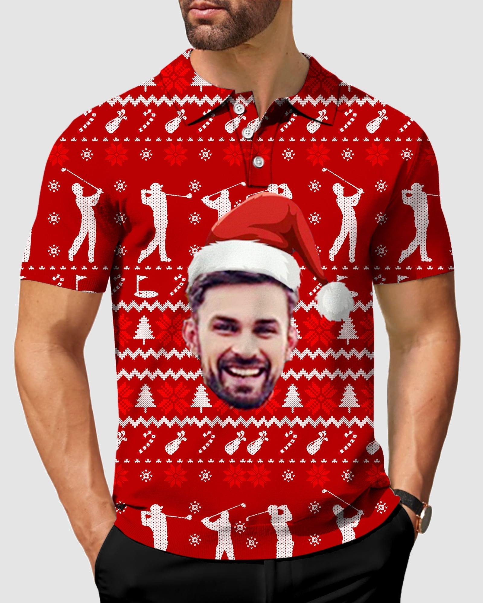 Red men's custom face polo with Christmas golf pattern and personalized face print wearing Santa hat