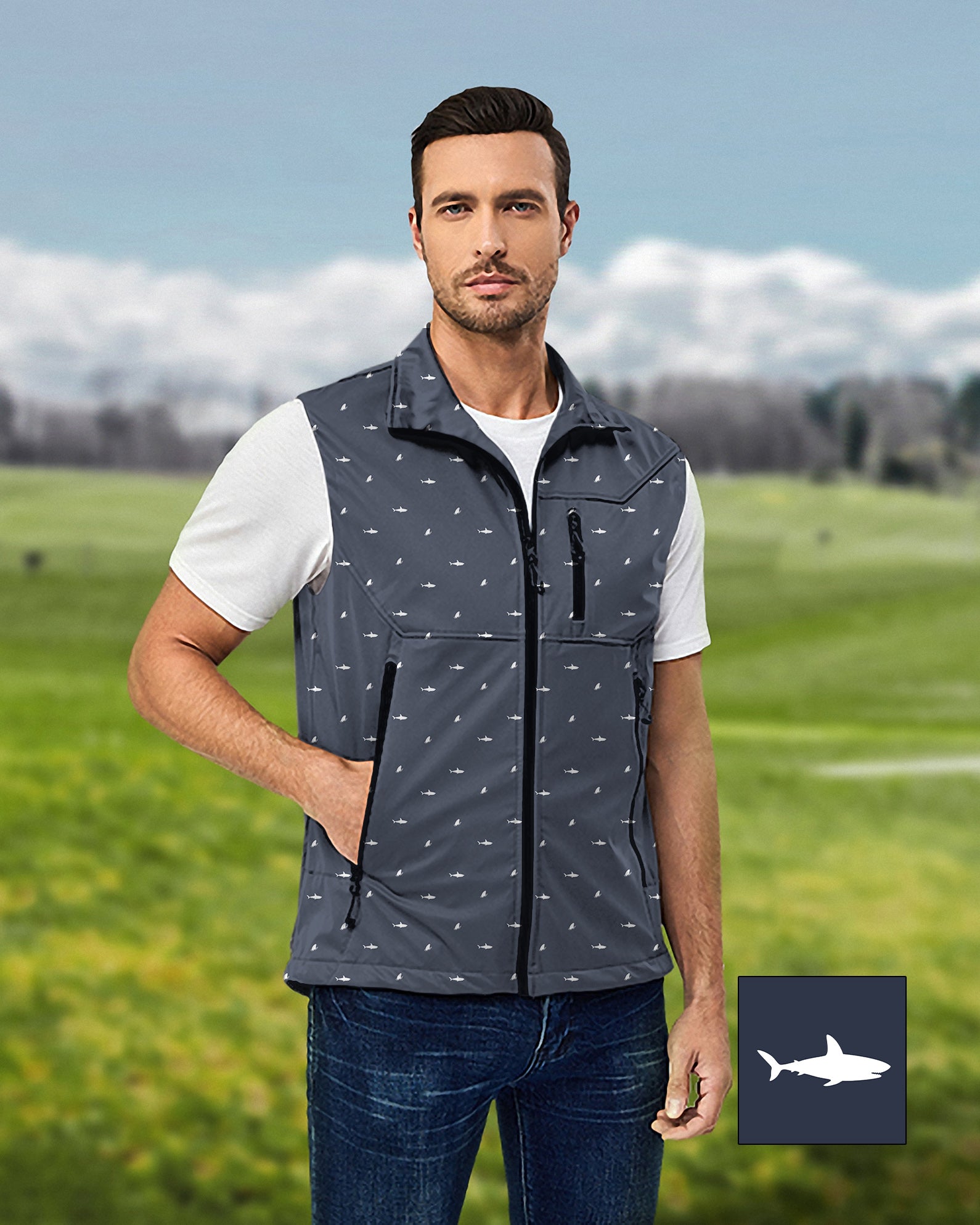 Men's White Shark and Fin Custom The Background Color Lightweight Softshell Vest Sleeveless Jacket for Golf Windproof Waterproof