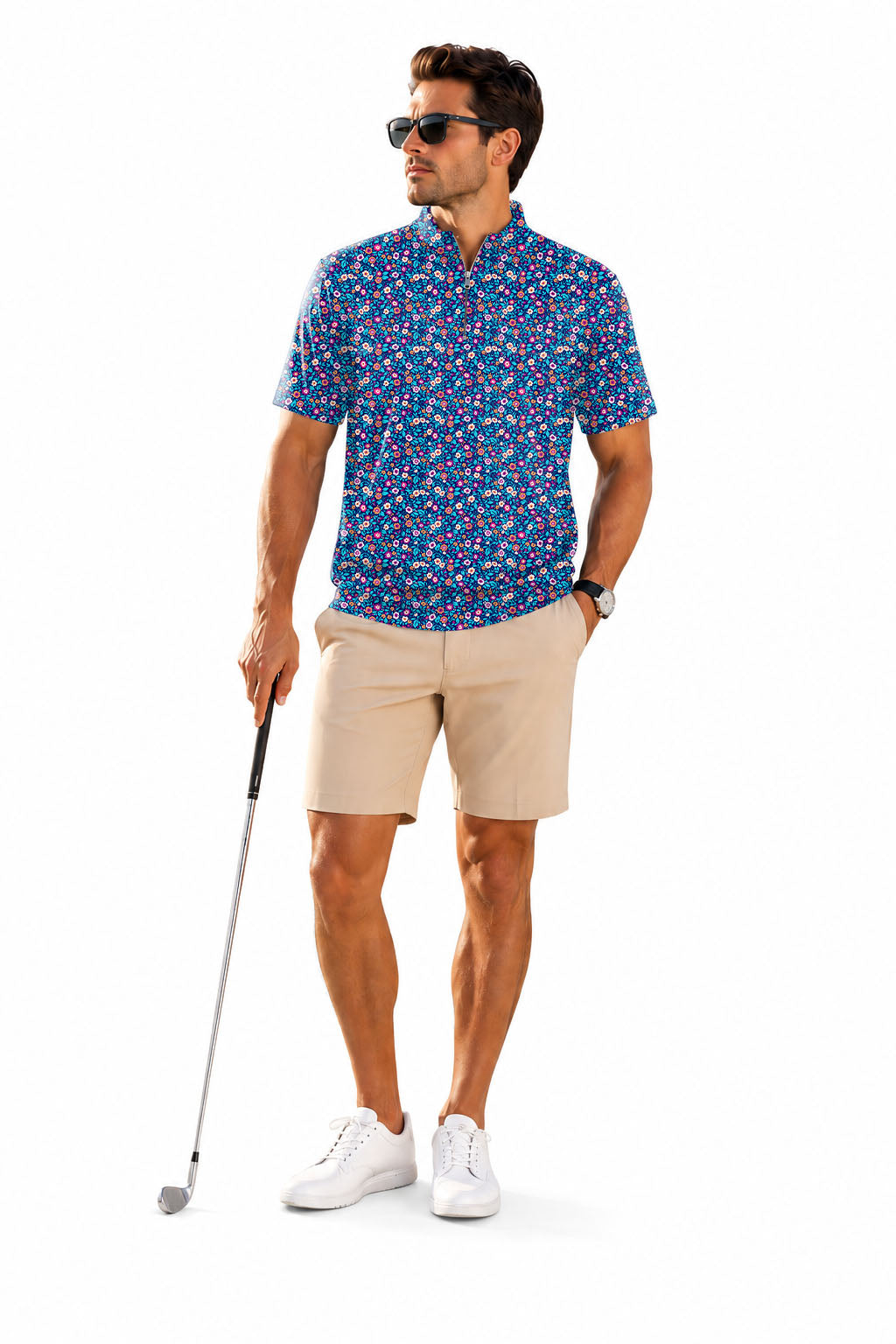 Men's Short Sleeve Quarter Zip Golf Pullover   Dark Floral Embroidery