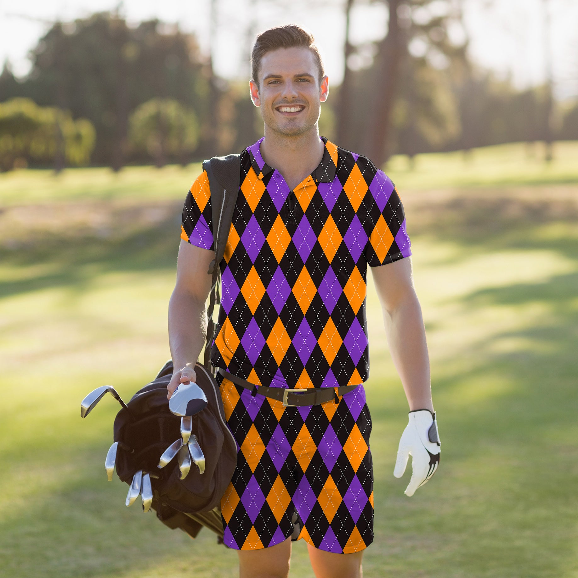 Men's Golf Set Polo+Shorts Orange purple and black argyle