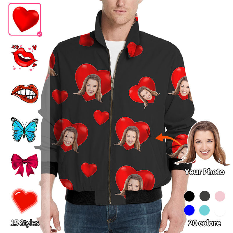 Valentine's Day Custom Photo Face Custom Color Black Love Men's Golf Windbreaker Light Jacket