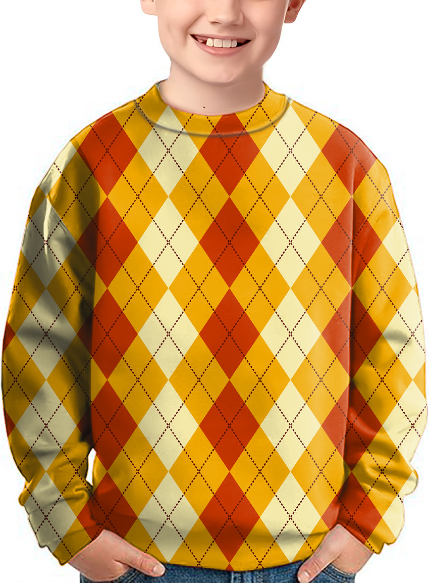 Halloween Light Yellow Red Argyle Crewneck Pullover Kids Ugly Sweater