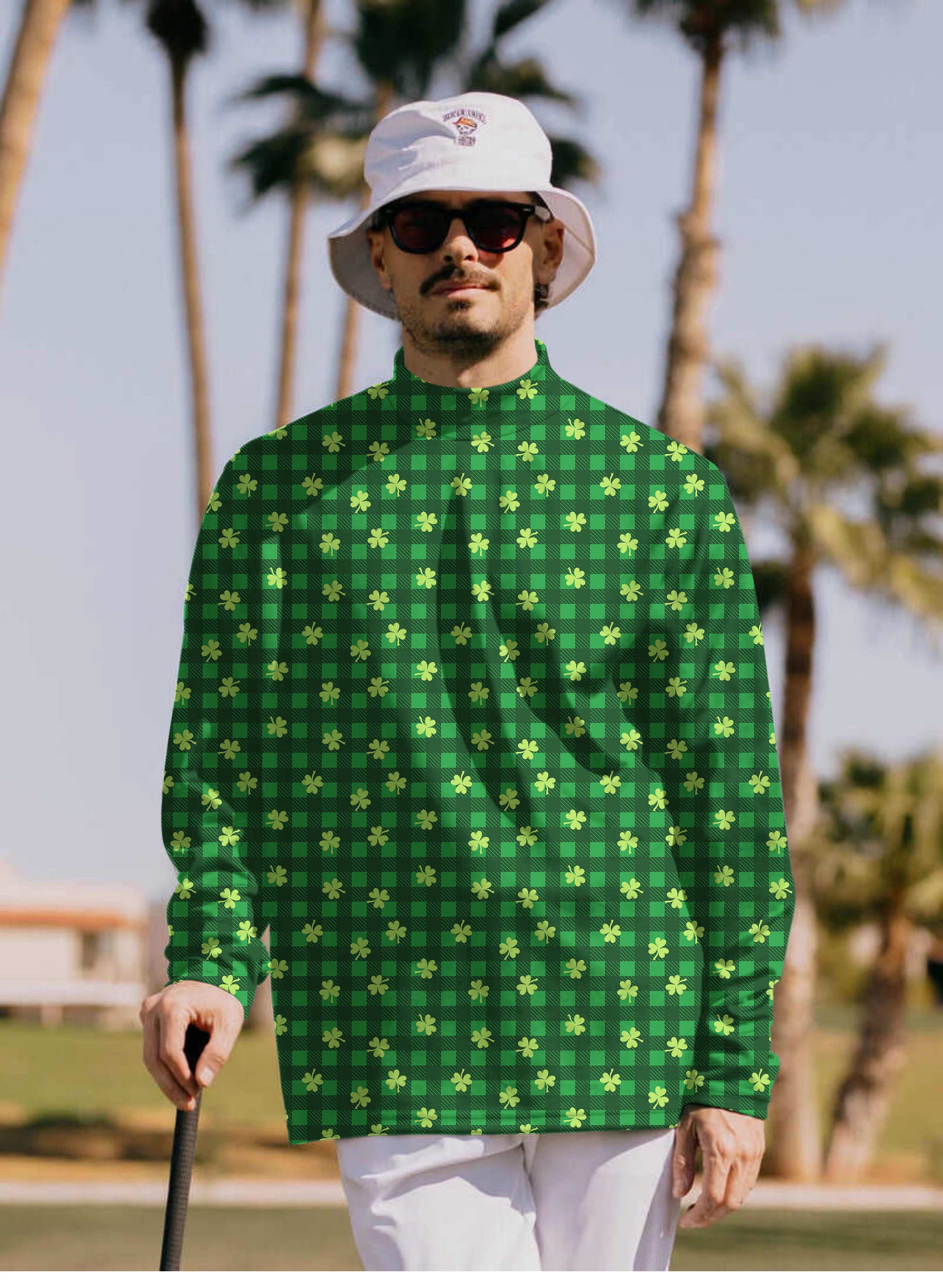 Men's Leaf clover St. Patrick's Day Pullover High neck Long/Short sleeve T-Shirt