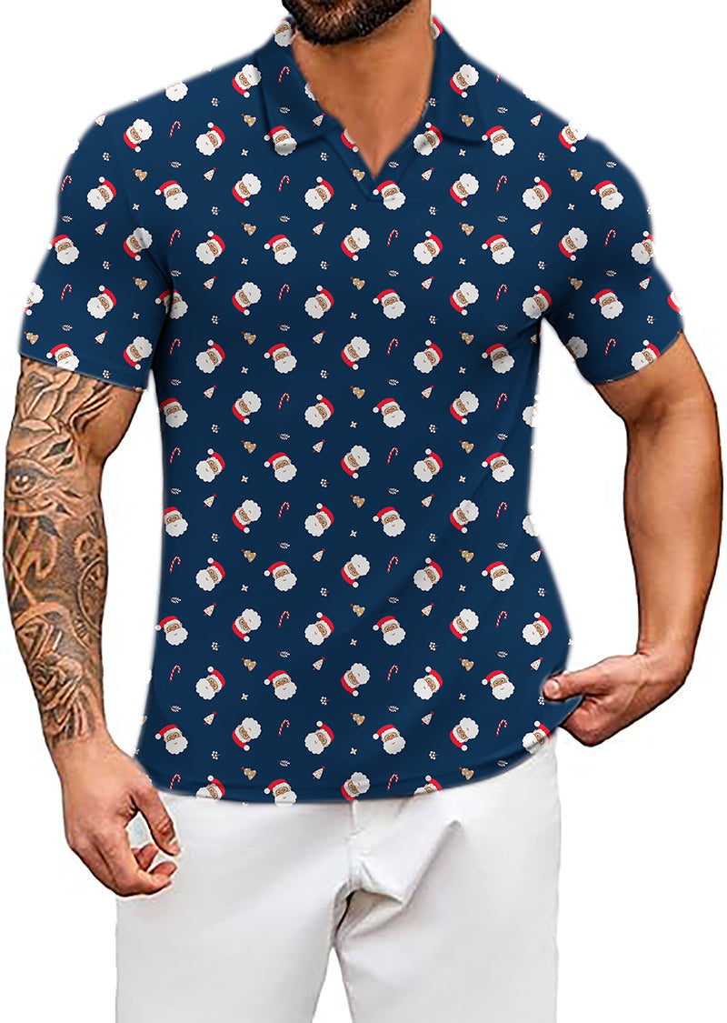 Men's Coconut Palm navy blue Christmas polo with Santa and candy cane print