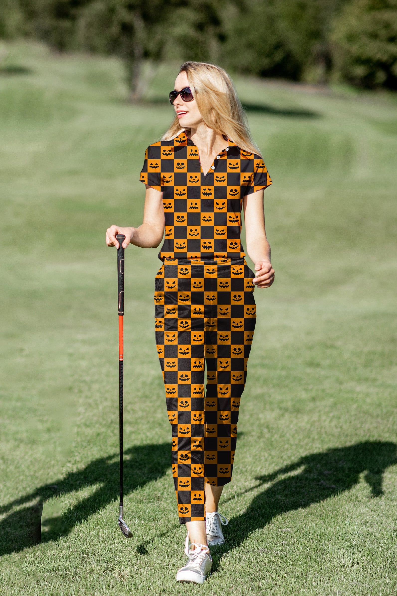 Women's Golf Polo+Pants Set Halloween black and yellow checkerboard pumpkin