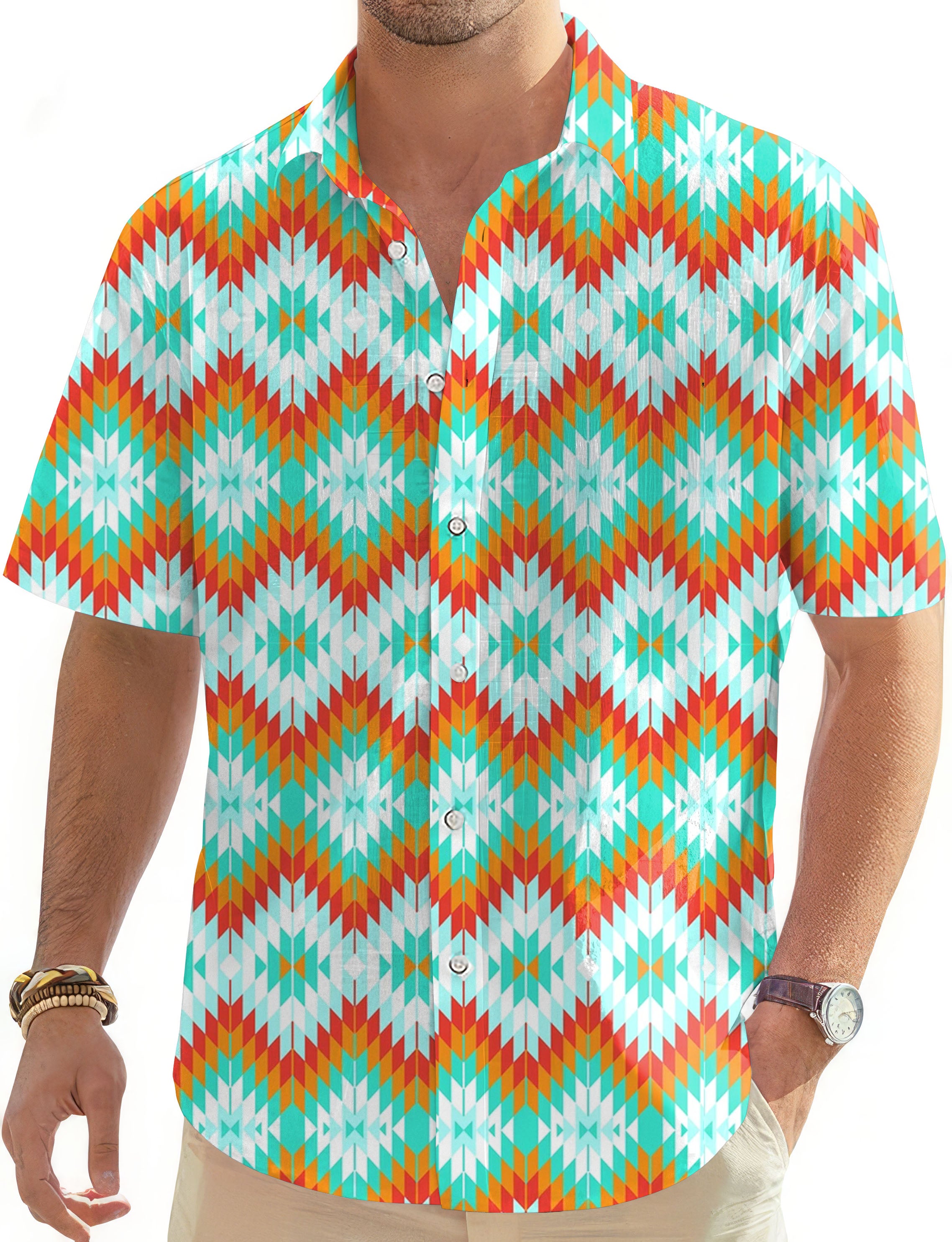 Aztec Summer Contrast Stitching-Men's Golf Hawaiian Shirts Button Down Shirt