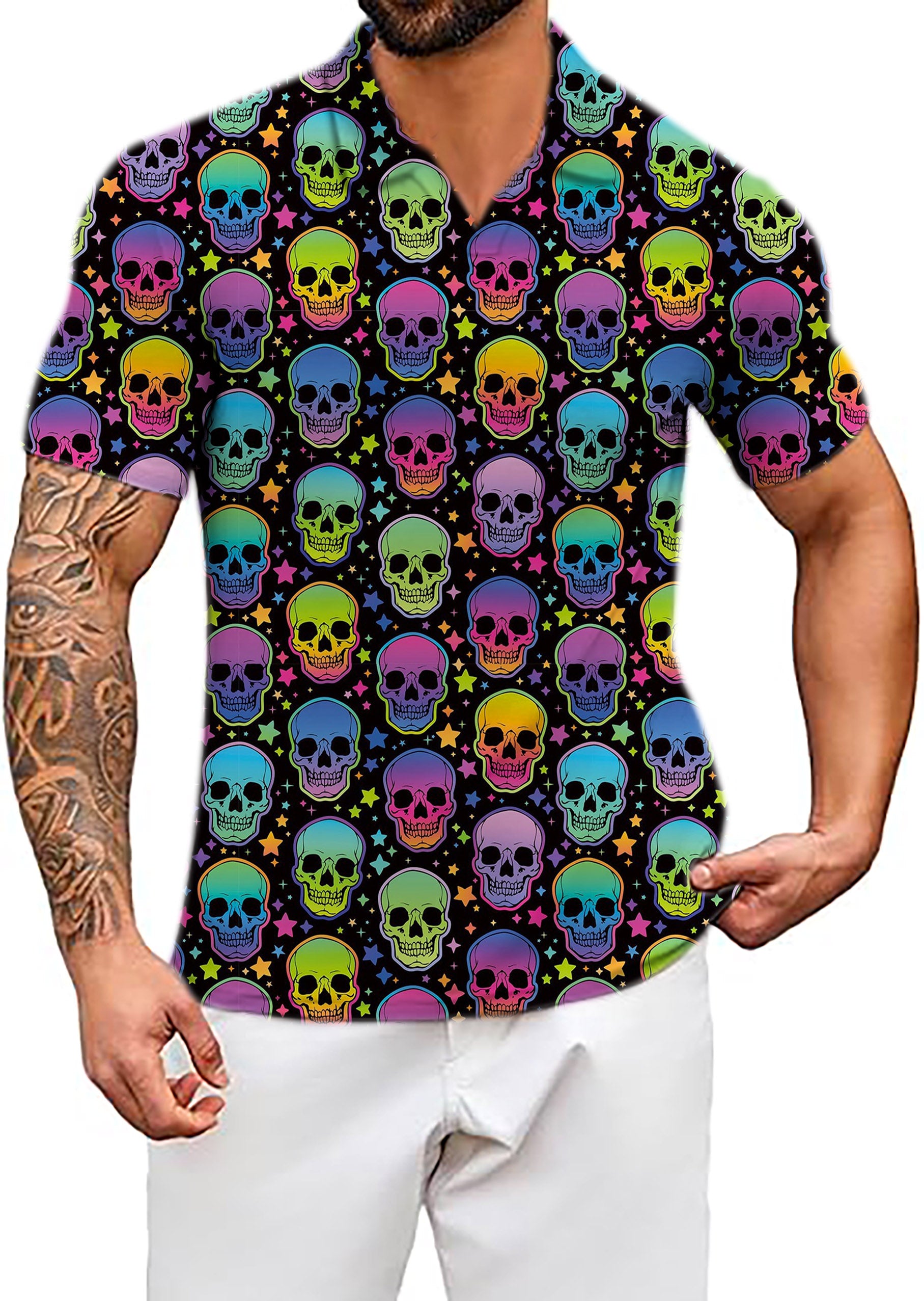 Men's Neon Skulls V Neck Golf Polo Shirts