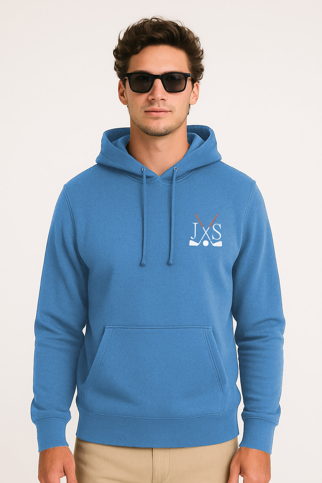 Blue embroidery solid color men's plus size hoodie with front pouch pocket and three-panel hood