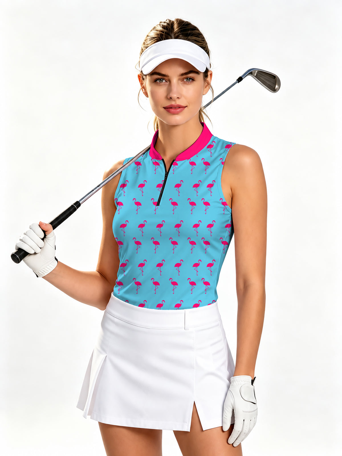 flamingo Women's Quarter Zip Mock Neck Sleeveless Golf Athletic Blouse