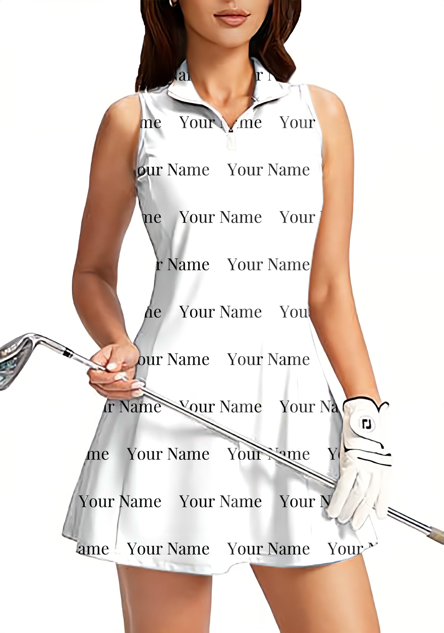 Custom name white Women's Golf Sleeveless Zipper Dresses with Built in Shorts