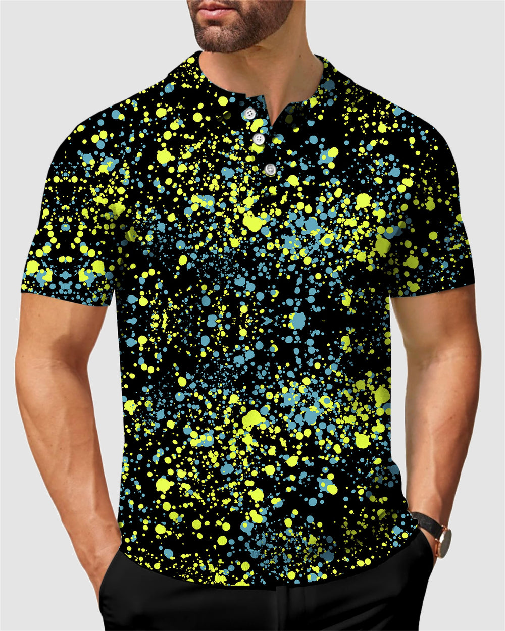 Men's blue and yellow paint splashes golf polo