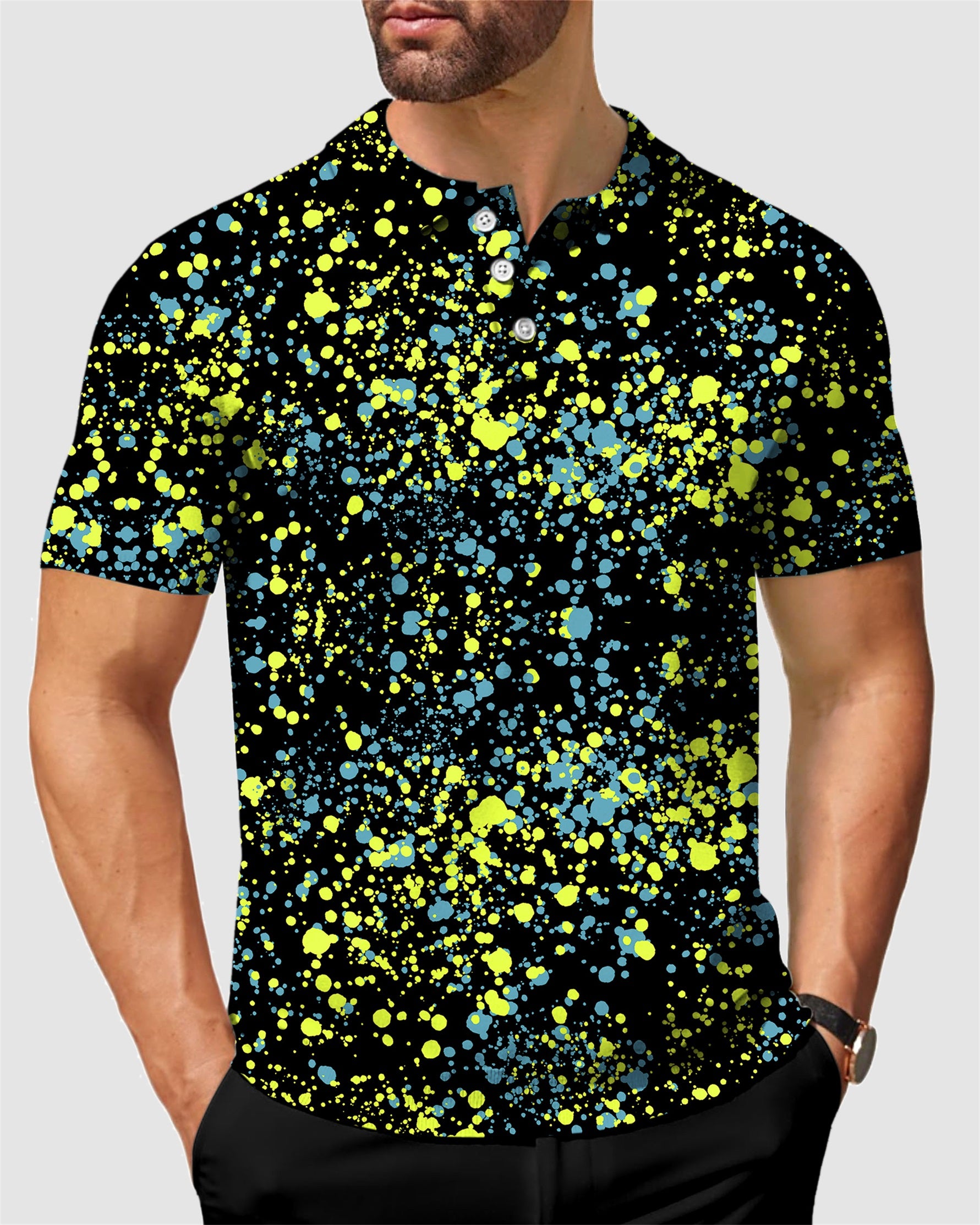 Men's blue and yellow paint splashes golf polo