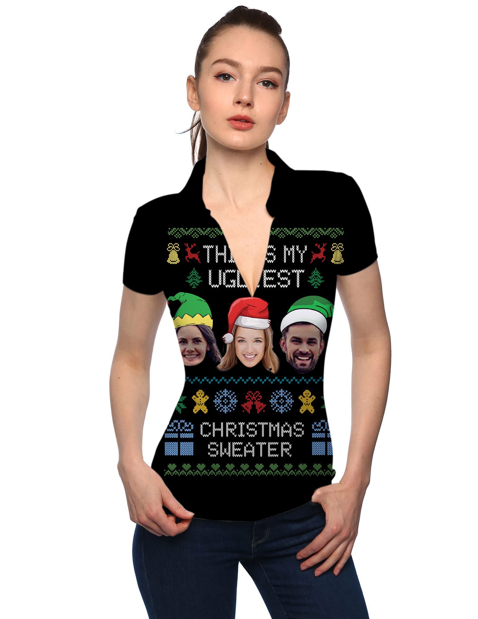 Women's Black-Christmas custom face V-neck golf polo with festive design and short sleeves