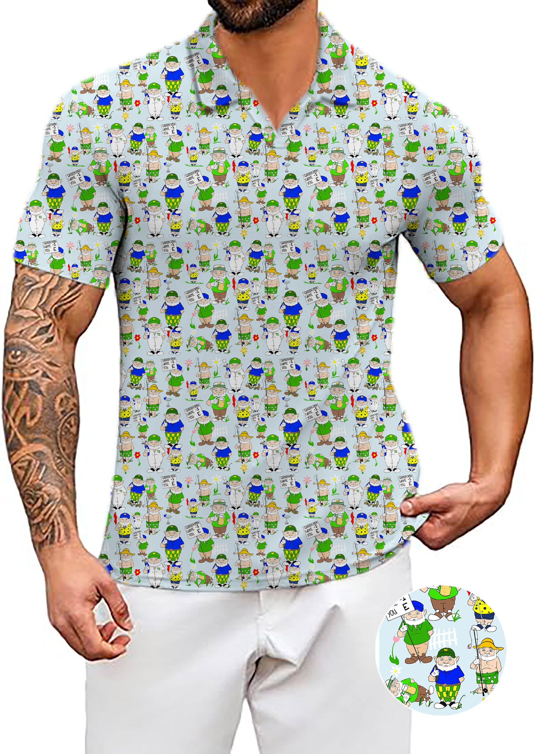 Men's  Gnome Garden Open Designer style V Neck Golf Polo Shirts
