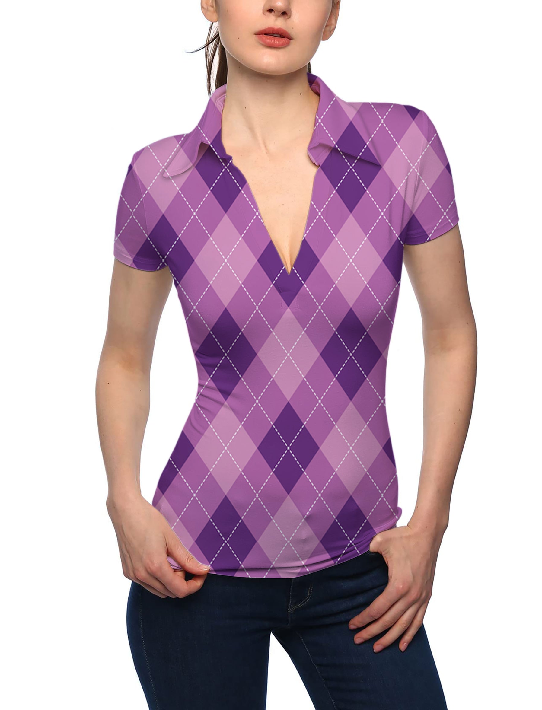 Women's purple Argyle V Neck Golf Polo