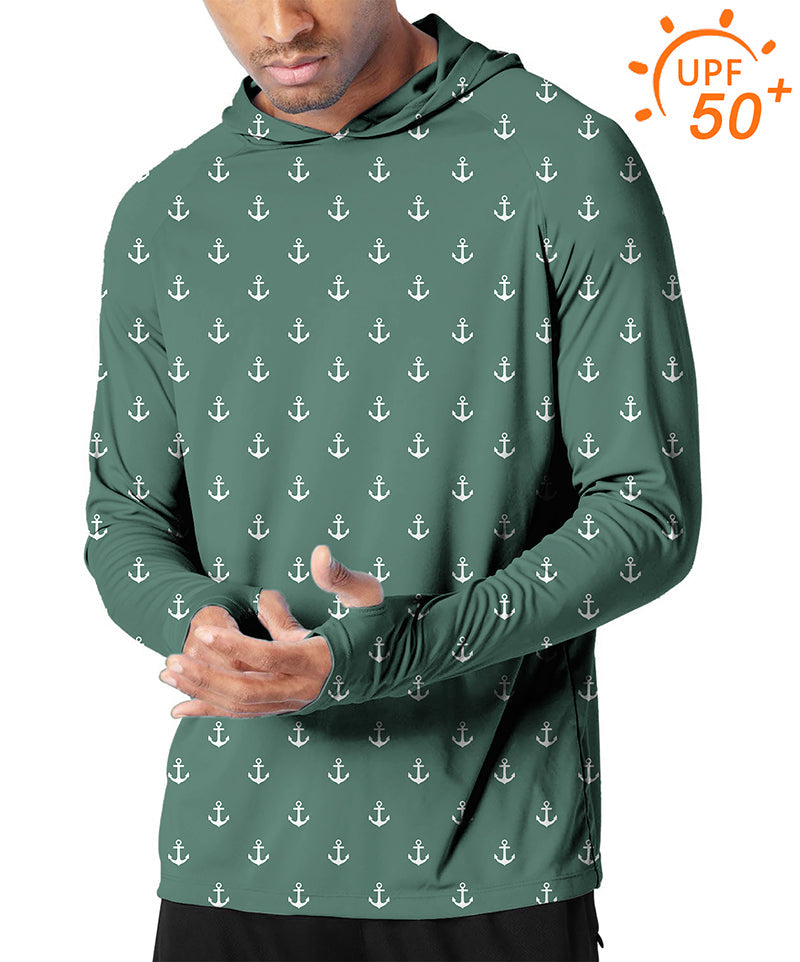 Men's outdoor green anchor golf sun protection slim fit hoodie with UPF 50+ breathable fabric