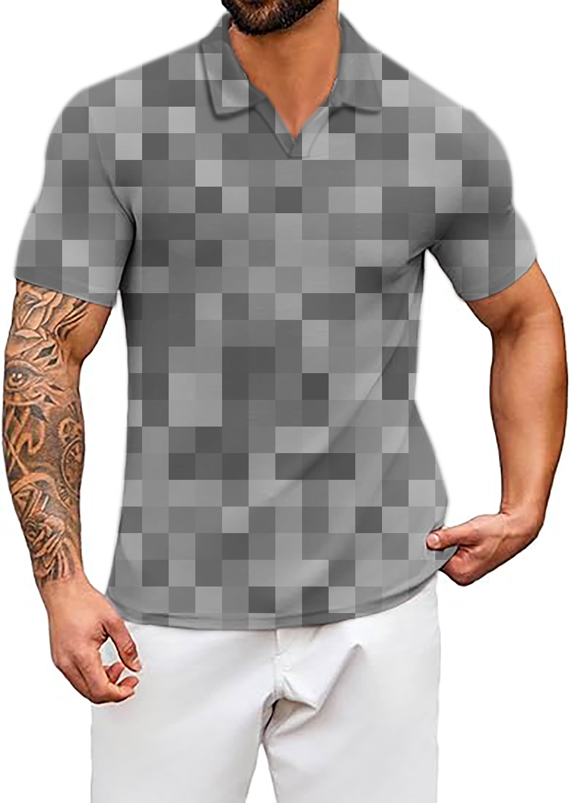 Men's Grey Pixel Big V Neck Golf Polo Shirts