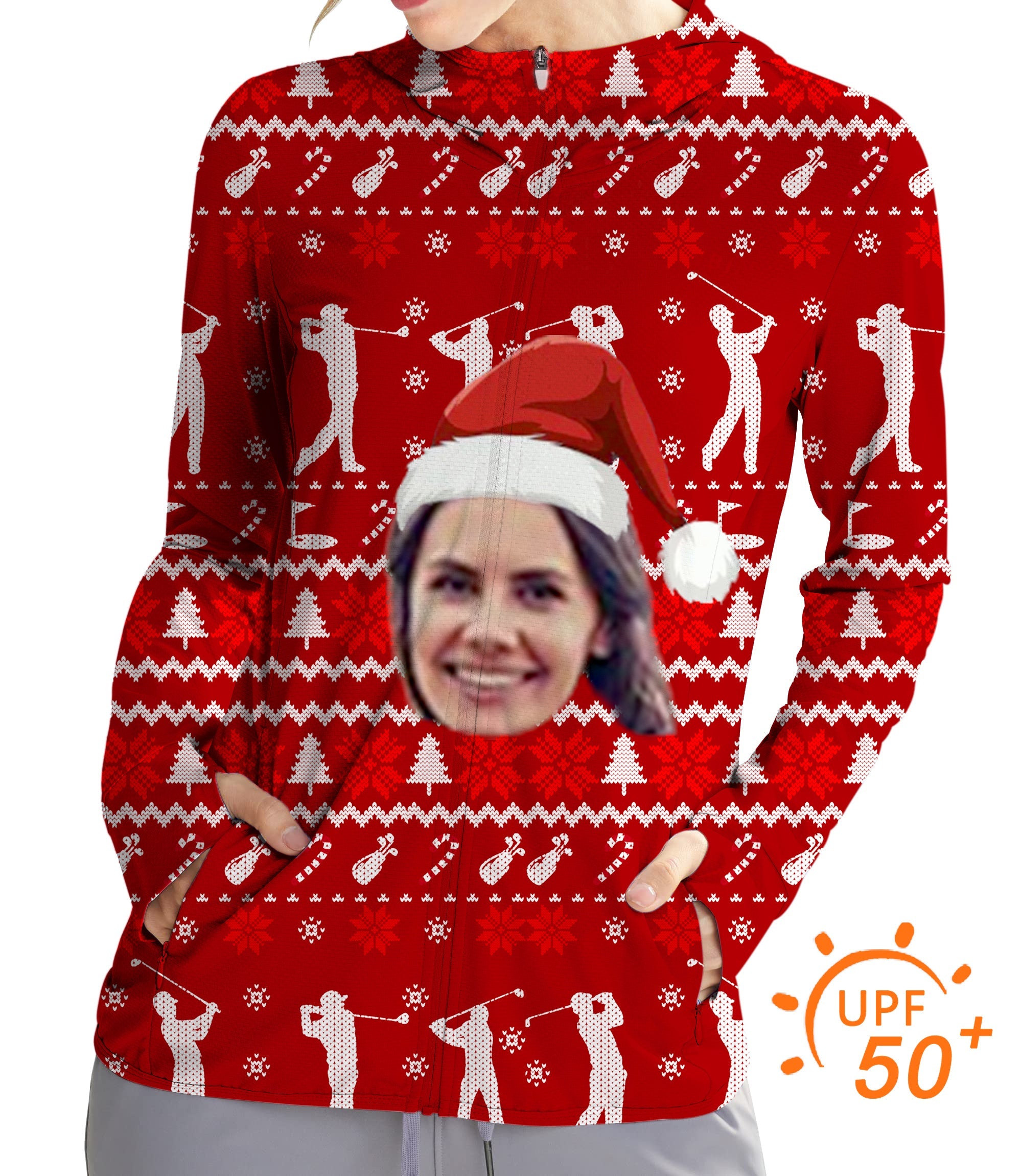 Women's outdoor custom face Christmas golf sun protection slim fit zip hoodie with UPF 50+ and festive design