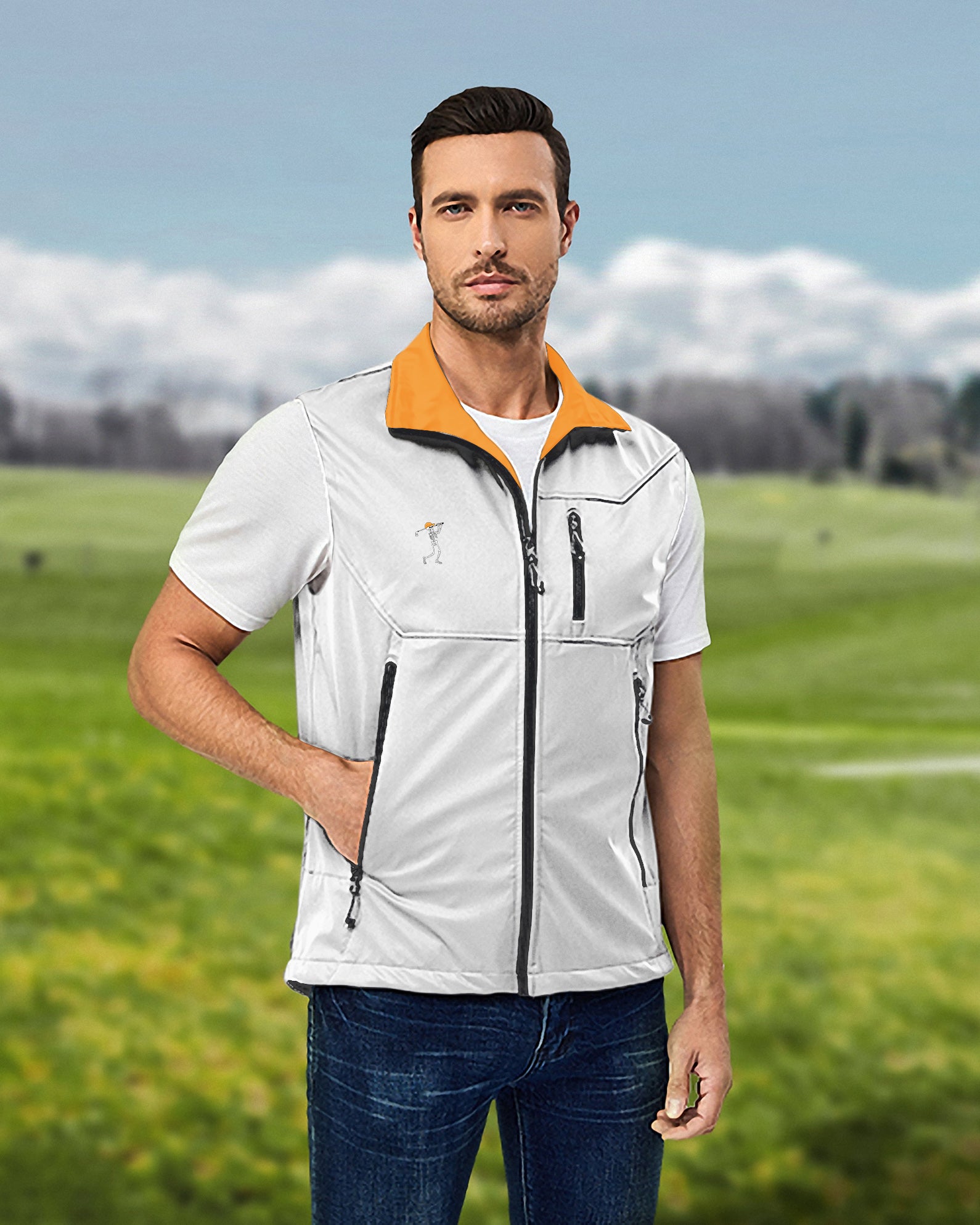 Men's Pumpkin White Halloween Skeleton Golf Lightweight Softshell Vest Sleeveless Jacket for Golf Windproof Waterproof