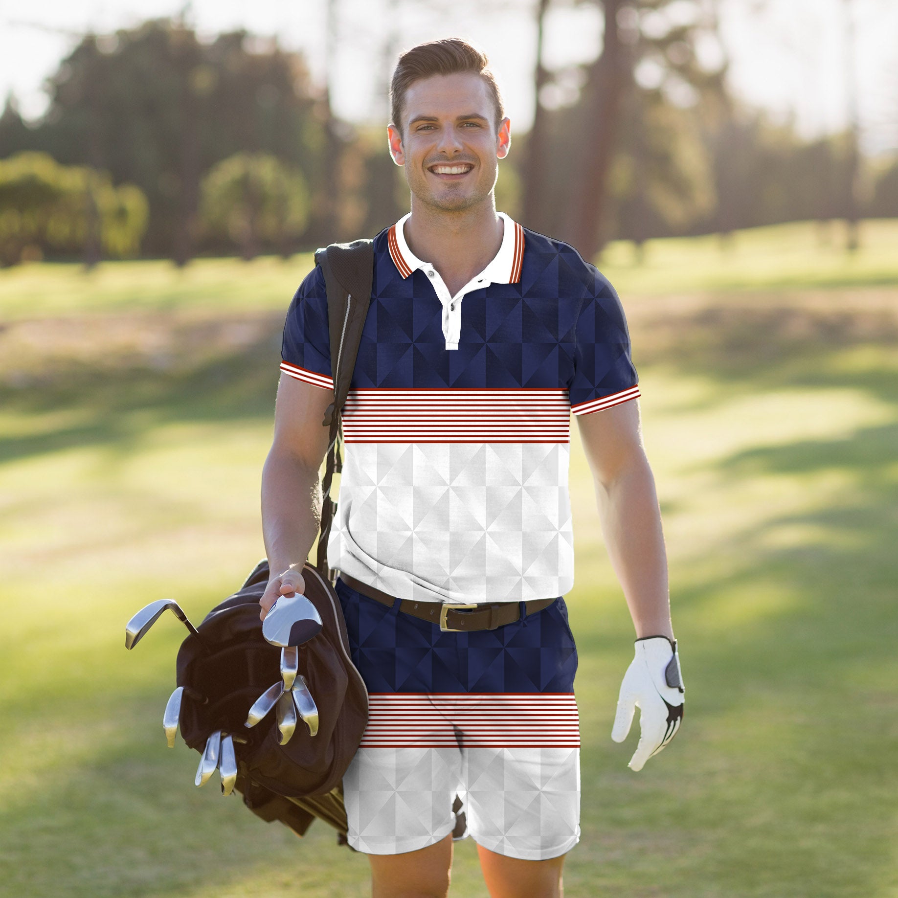 Men's Golf Set Polo+Shorts Stripe Splicing Custom Sport Team Competition Uniforms
